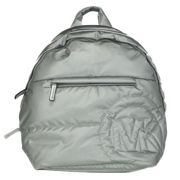 NWT Michael Kors Rae Medium Backpack Silver Quilted Nylon Fabric Shoulder Bag - Picture 3 of 9
